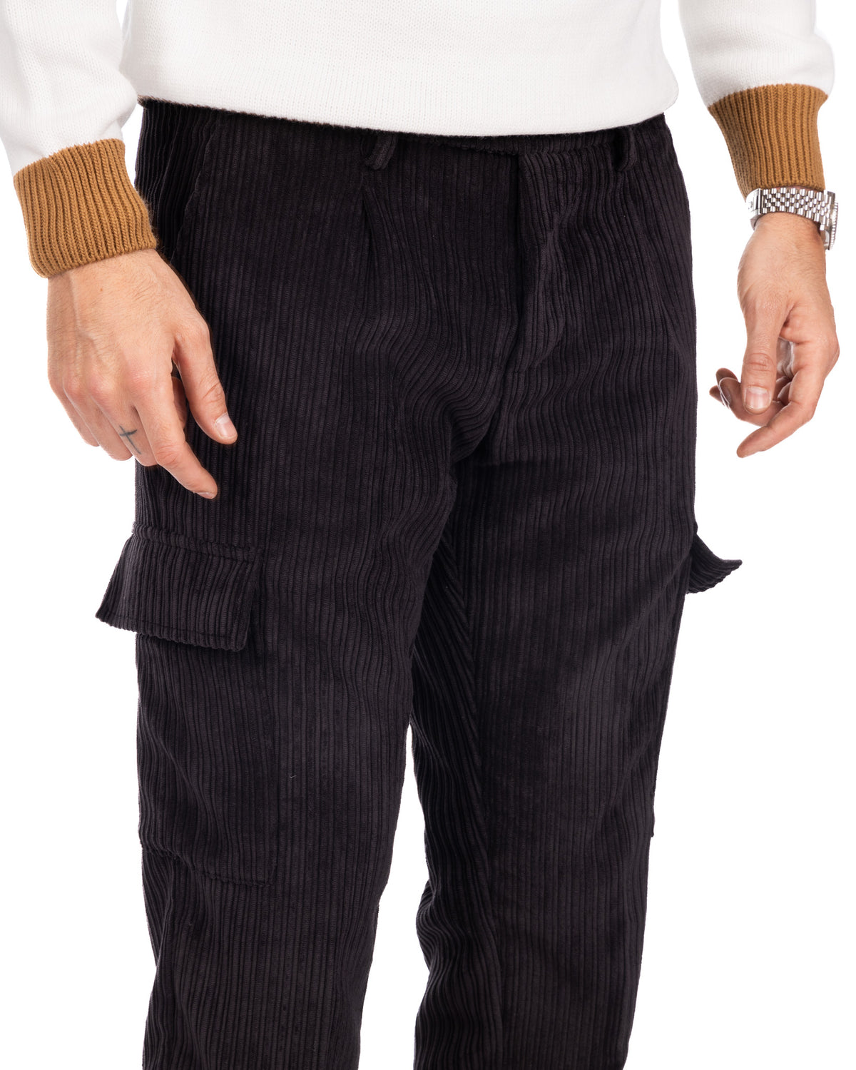 Black corduroy cargo pants with elastic waist, side pockets, and relaxed fit. Men's casual trousers.