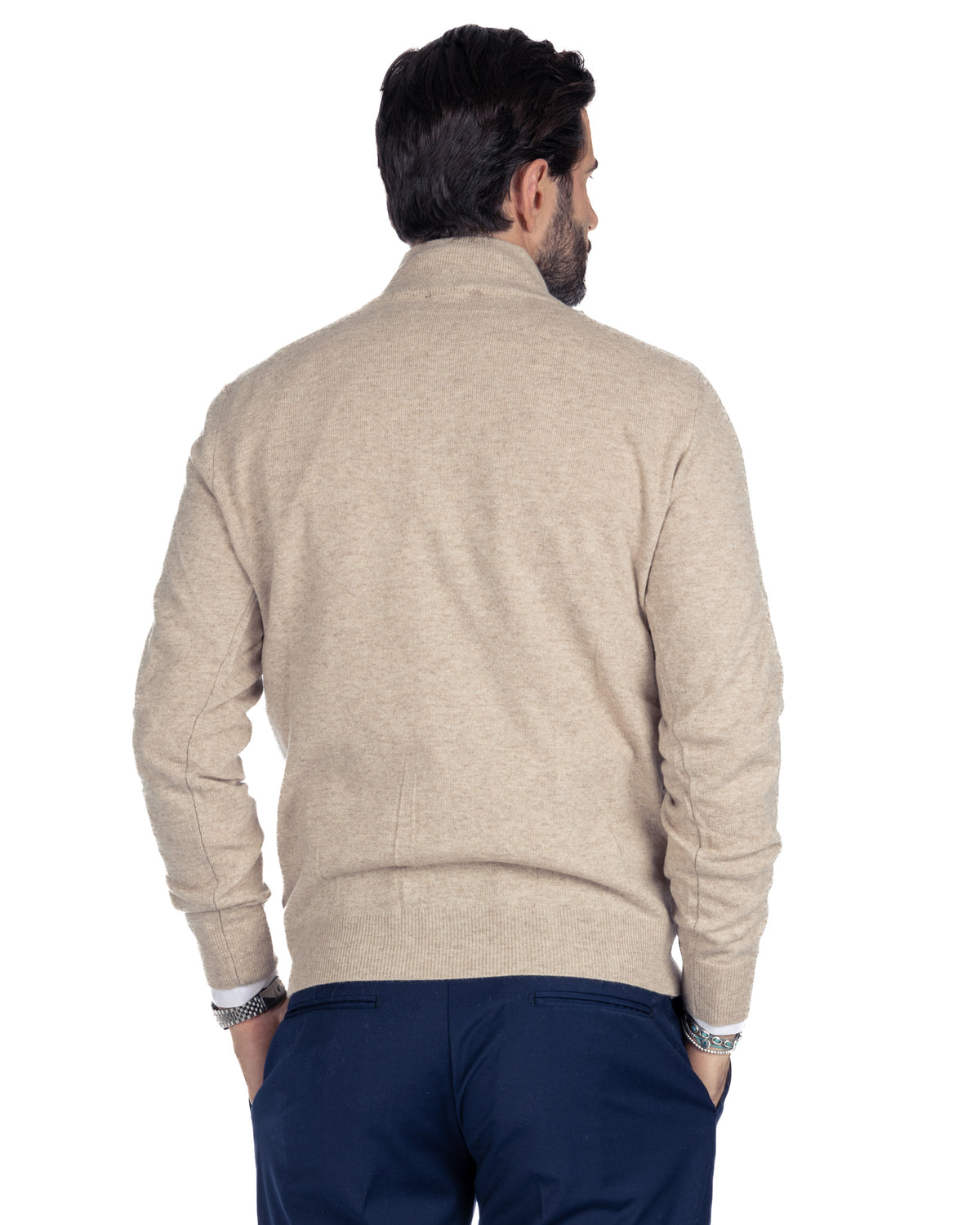 Men's beige cashmere zip-up sweater, long sleeve mock neck knit jacket, back view