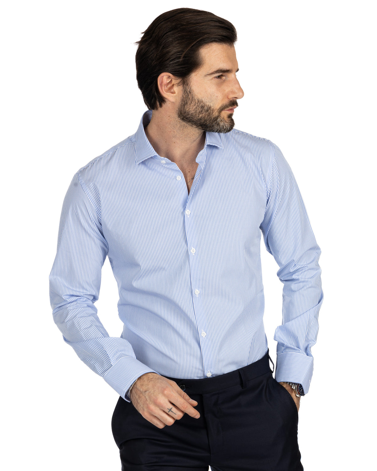Men's light blue striped cotton dress shirt, slim fit, long sleeve, button-down collar, formal business wear