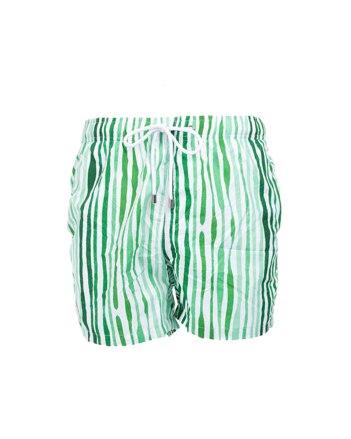 Green and white striped swim trunks with drawstring waist, quick-dry fabric, elastic waistband, and metallic cord tips.