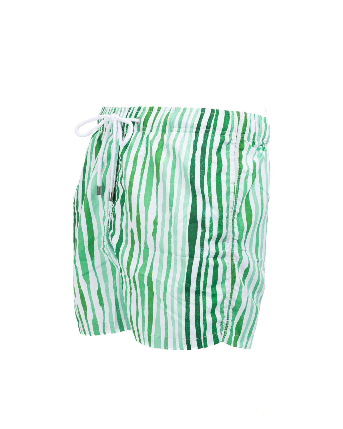 Green and white striped swim trunks with drawstring waist, quick-dry fabric, casual beach shorts for men