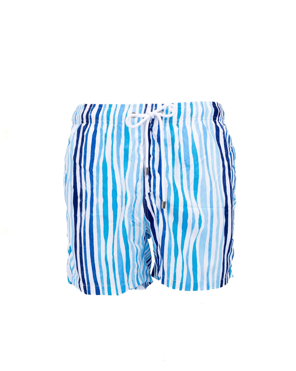 Men's blue and white striped swim trunks with drawstring waist, quick-dry fabric, and vertical ombre stripe pattern.