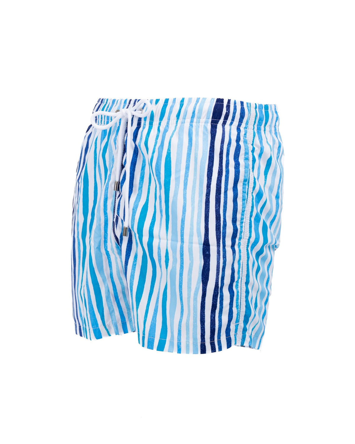 Blue and white striped swim trunks with drawstring waist, quick-dry fabric, and elastic waistband for beach or pool wear.