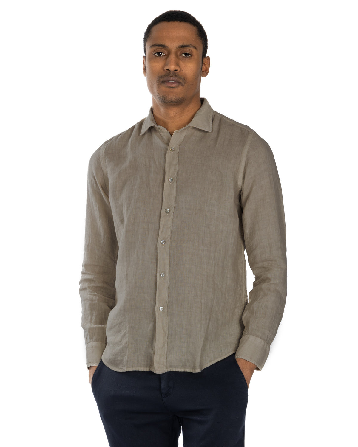 Men's beige linen long-sleeve button-down shirt with relaxed fit and spread collar