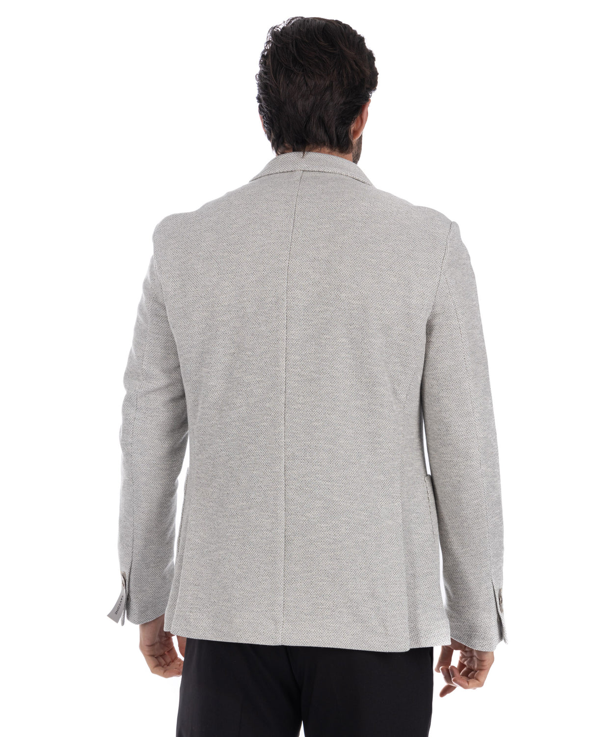 Light gray textured blazer for men, back view, slim fit, long sleeve, formal jacket, business casual style.