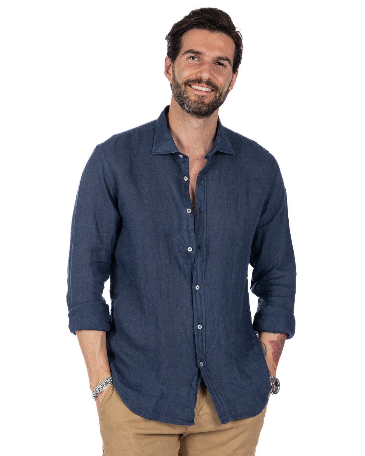 Navy blue linen button-down shirt for men, long sleeve casual style with rolled cuffs