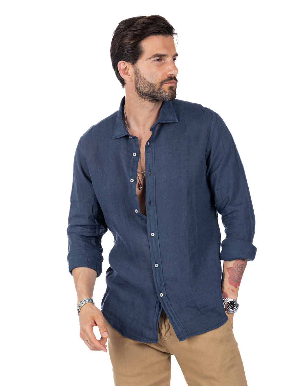 Navy blue linen button-down shirt for men, long sleeve casual style with relaxed fit and rolled cuffs