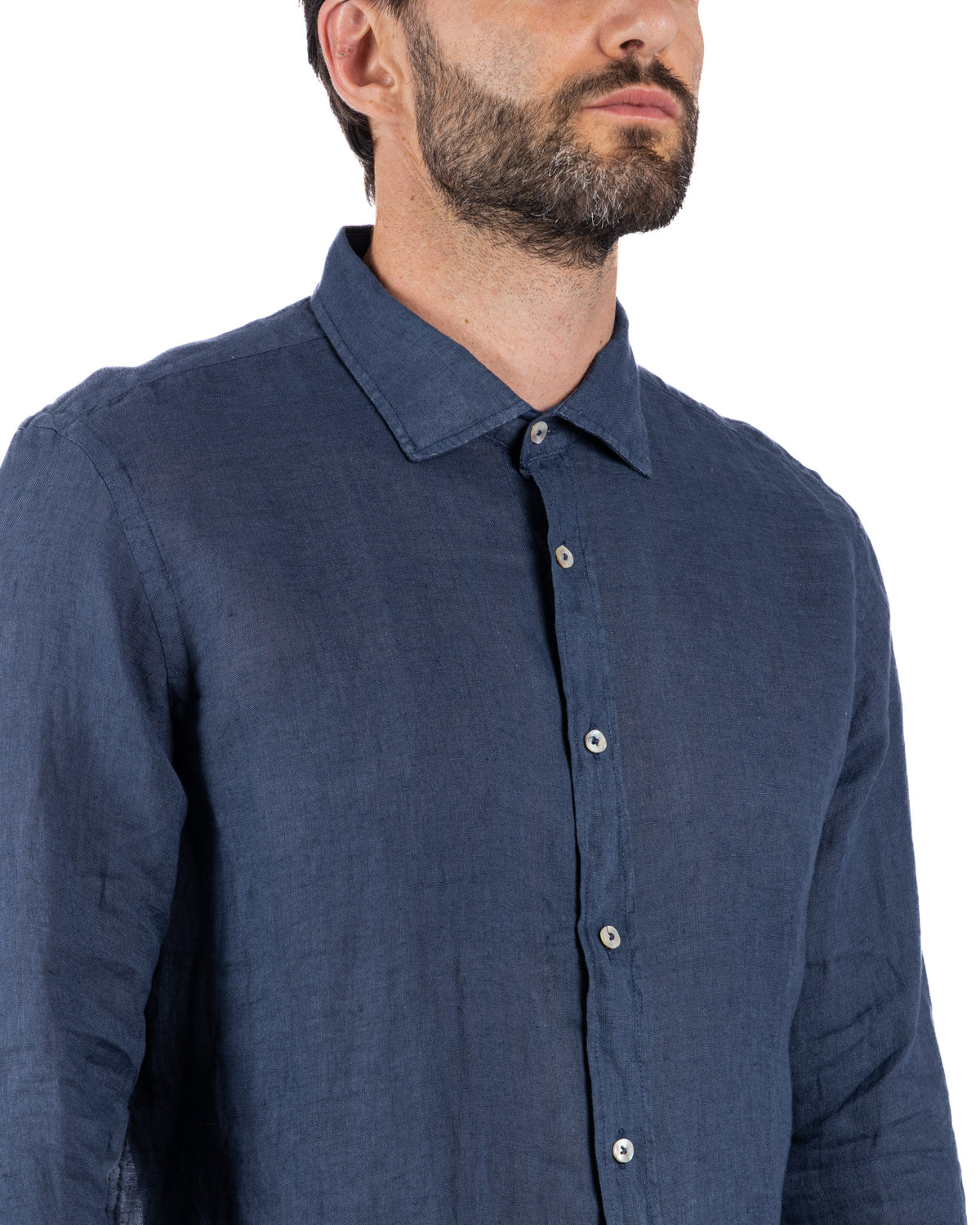 Navy blue linen button-down shirt for men, long sleeve, classic collar, casual style