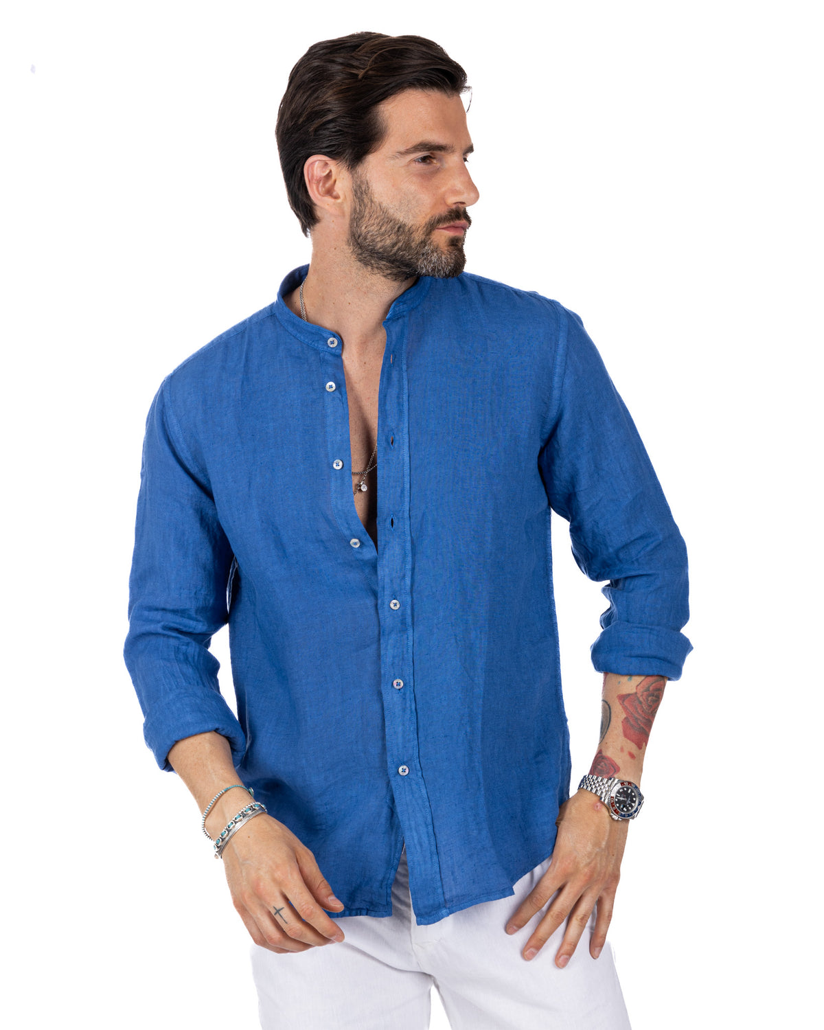 Men's blue linen button-down shirt with mandarin collar, long sleeves, and relaxed fit.