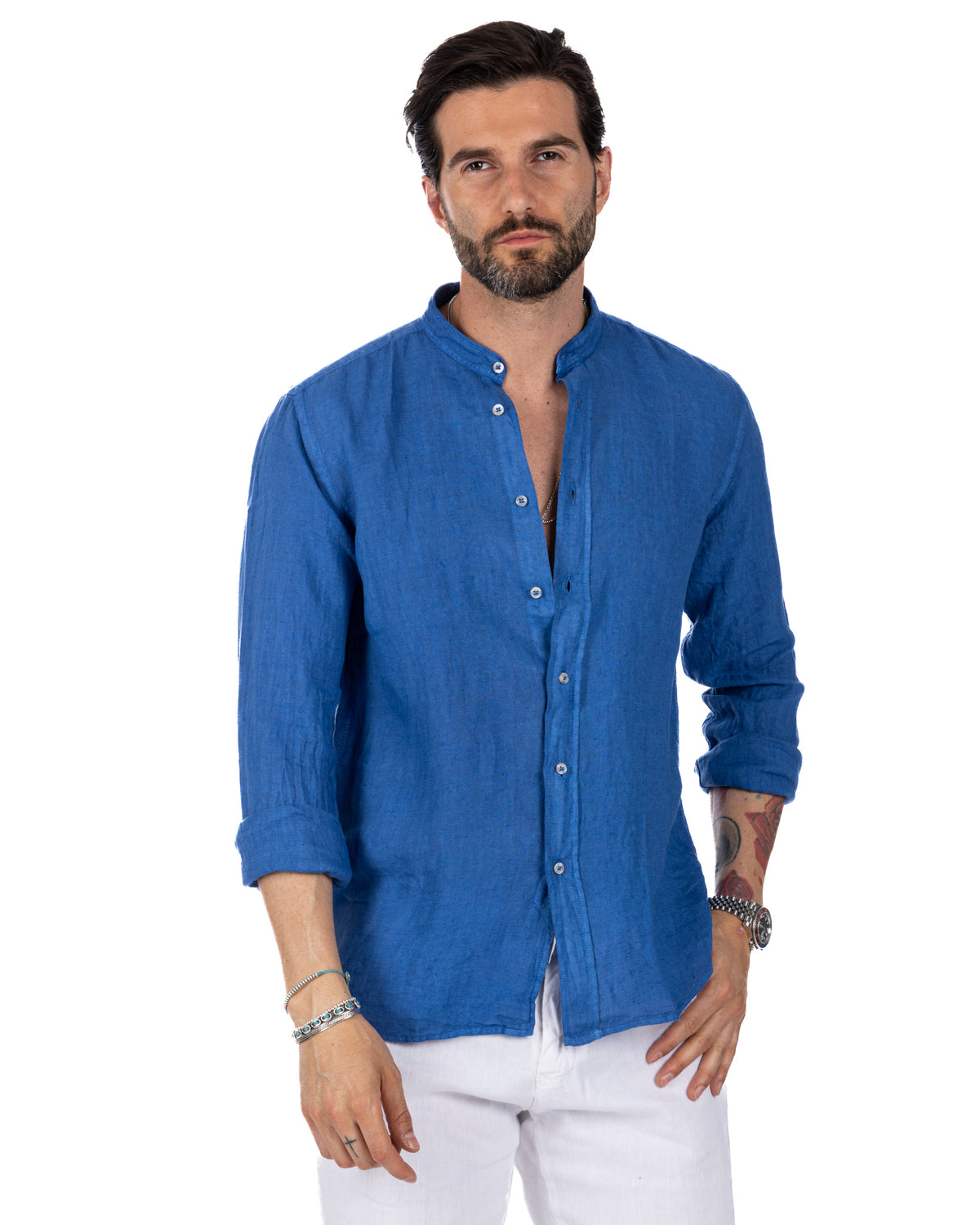 Men's blue linen shirt with mandarin collar, long sleeves, and button front. Casual summer style.