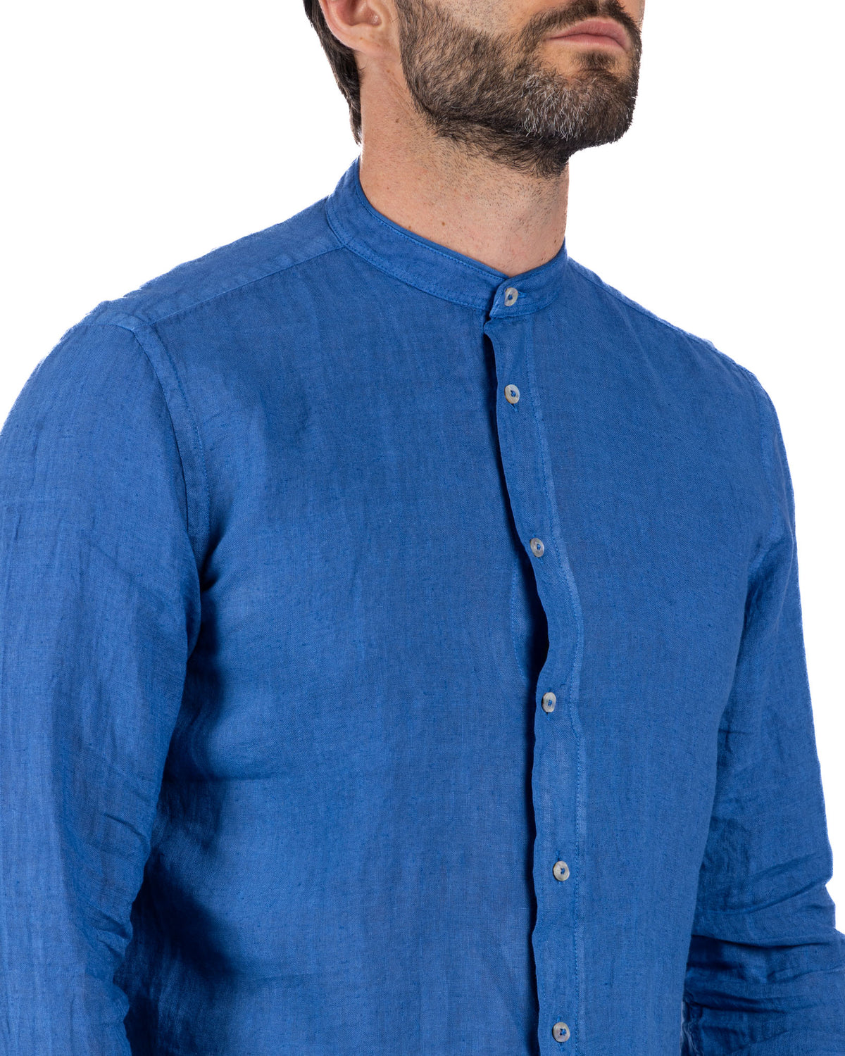 Men's blue linen band collar shirt with long sleeves and button front, lightweight casual style