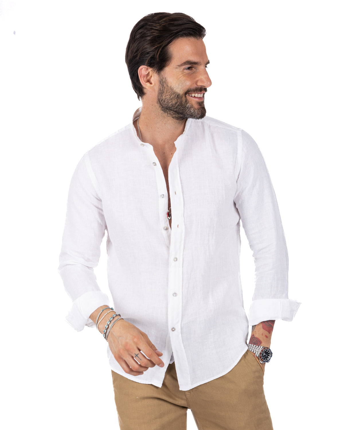 White linen button-down shirt for men, long sleeve casual summer top with relaxed fit and mandarin collar