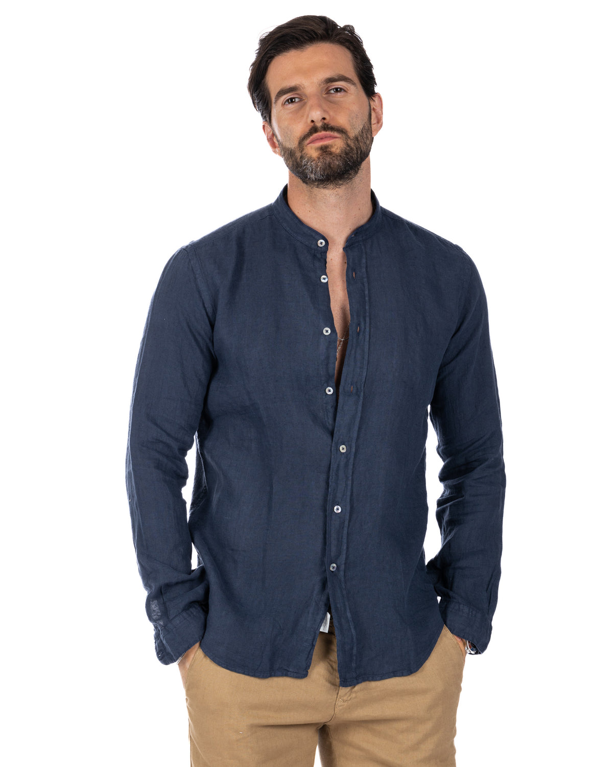 Navy blue linen men's shirt with mandarin collar, long sleeves, button front. Casual slim fit style.