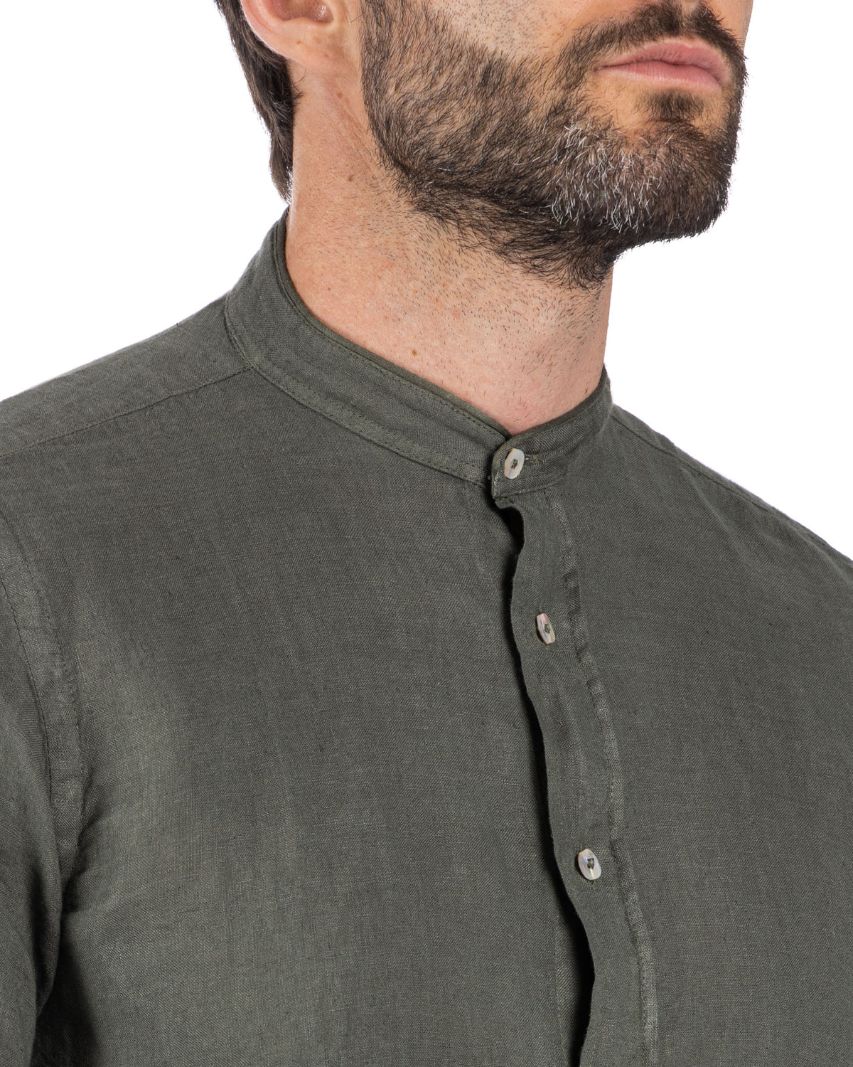 Olive green linen band collar shirt with mother-of-pearl buttons, relaxed fit, natural texture.