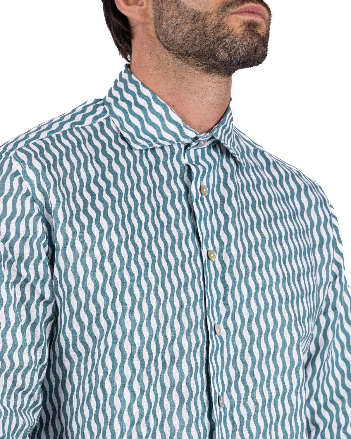 Men's green and white wavy striped linen button-down shirt with spread collar and long sleeves