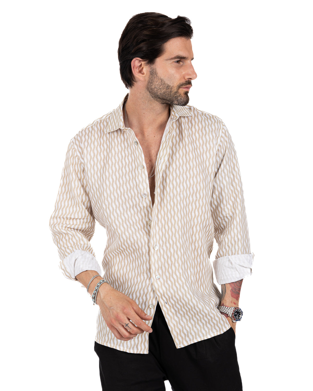 Men's beige and white wavy striped linen button-down shirt with rolled sleeves, casual summer style