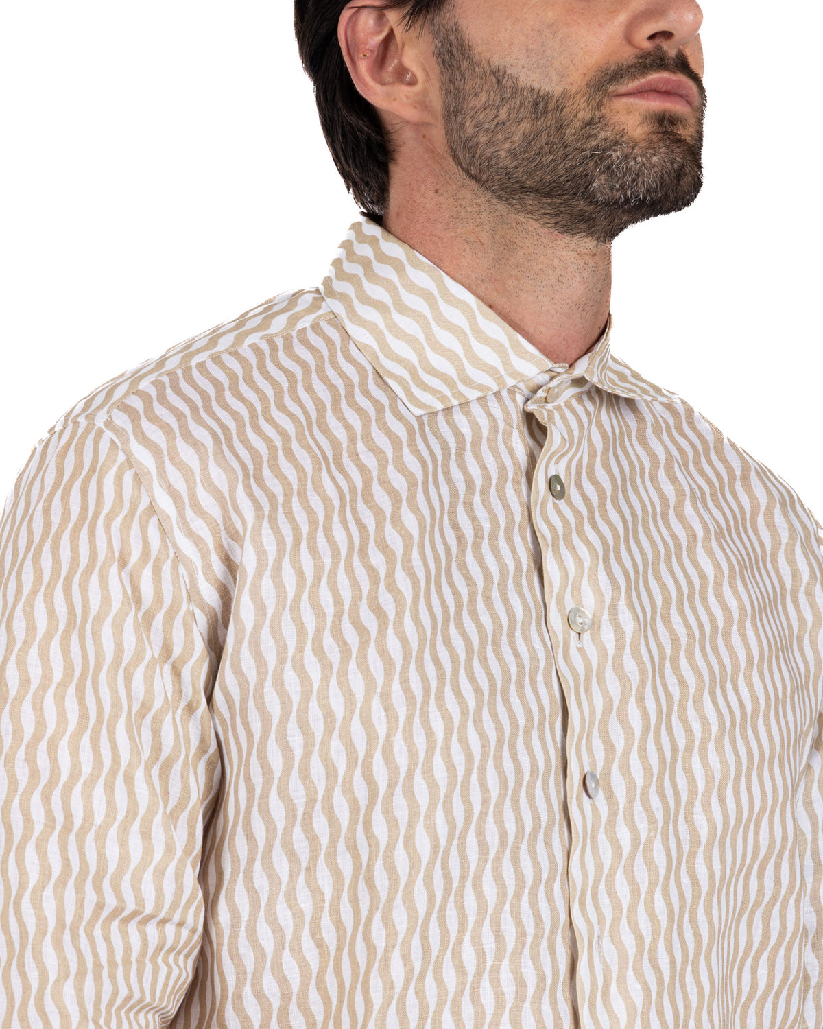 Beige and white wavy striped linen button-down shirt with classic collar, long sleeves.