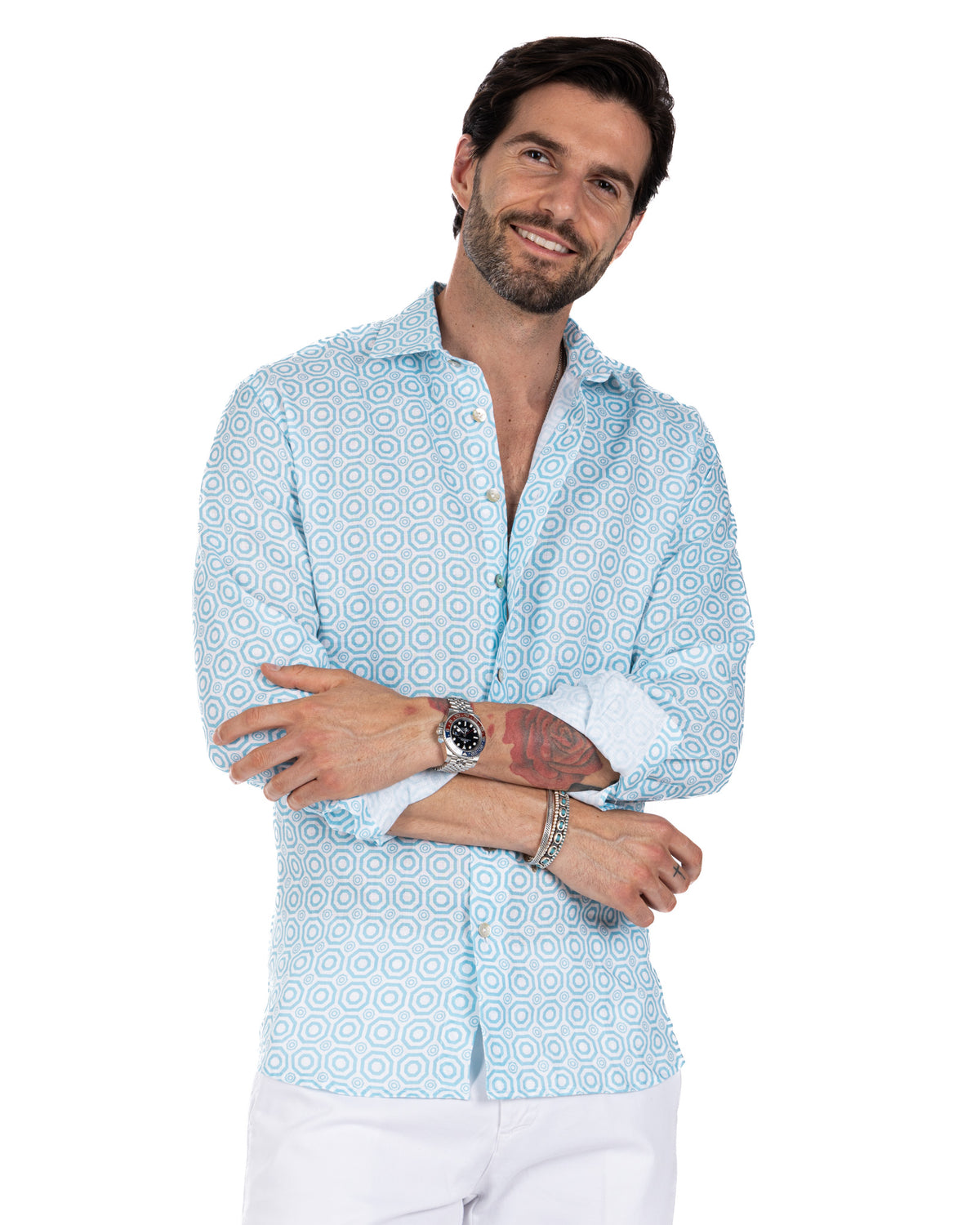 Men's light blue geometric print linen button-down shirt, long sleeve casual summer style