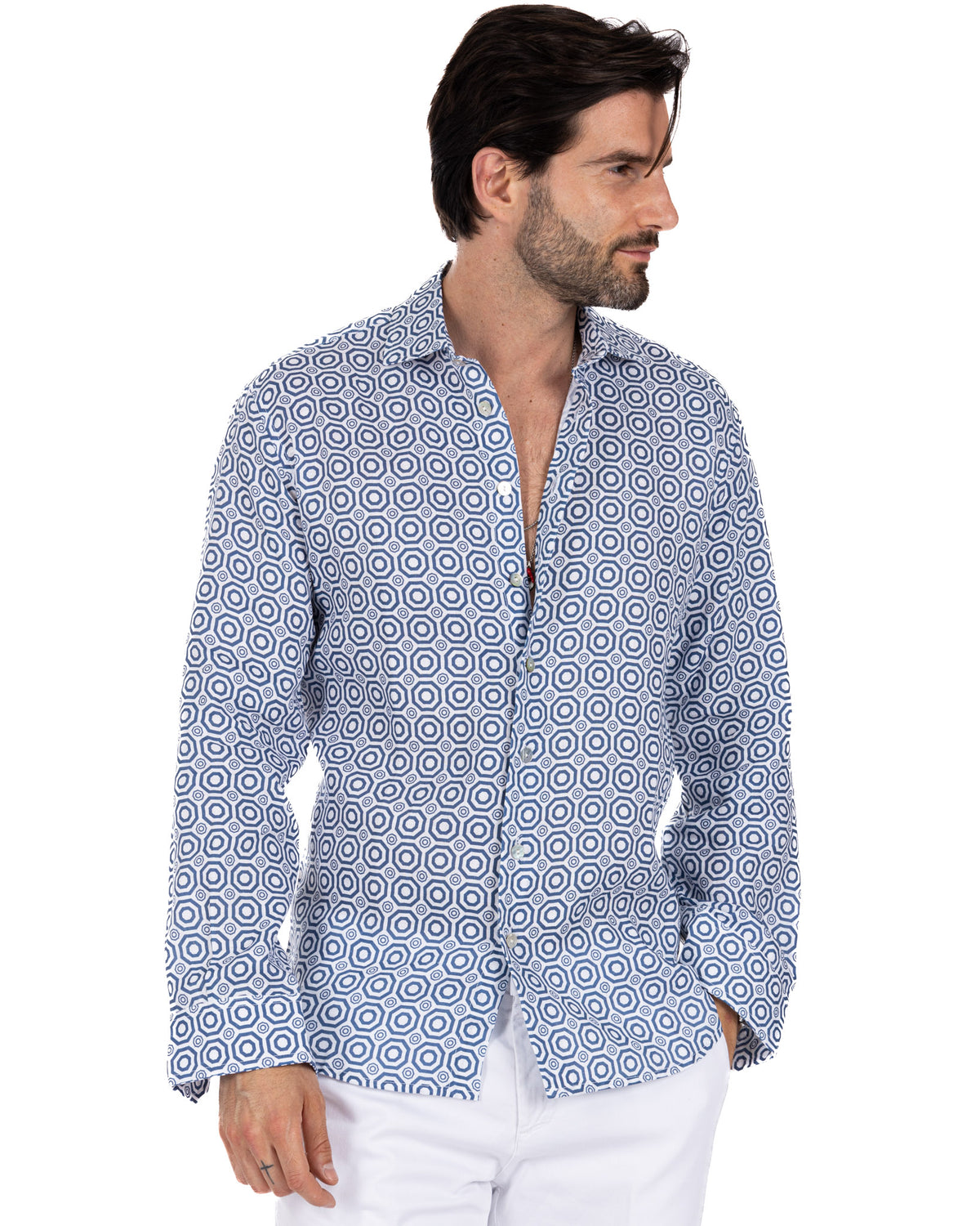 Men's blue and white hexagon print cotton long sleeve button-down shirt, slim fit casual style