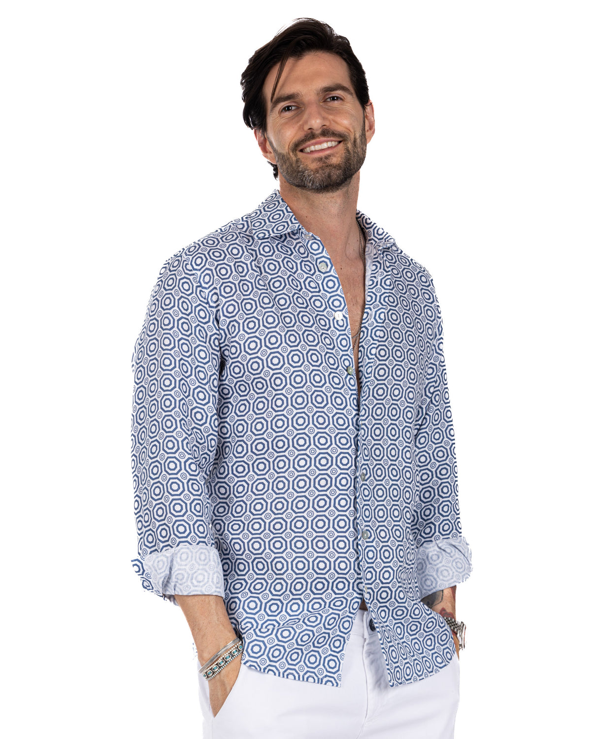 Men's blue and white geometric hexagon print linen button-down shirt, long sleeve with rolled cuffs