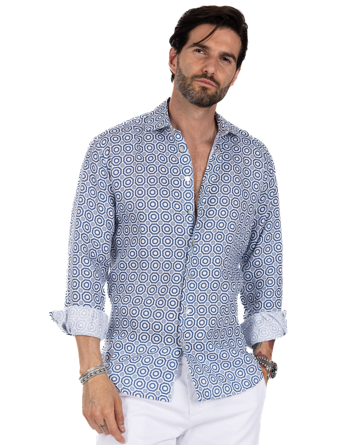 Men's blue and white geometric hexagon print linen button-down shirt with rolled sleeves and relaxed fit.