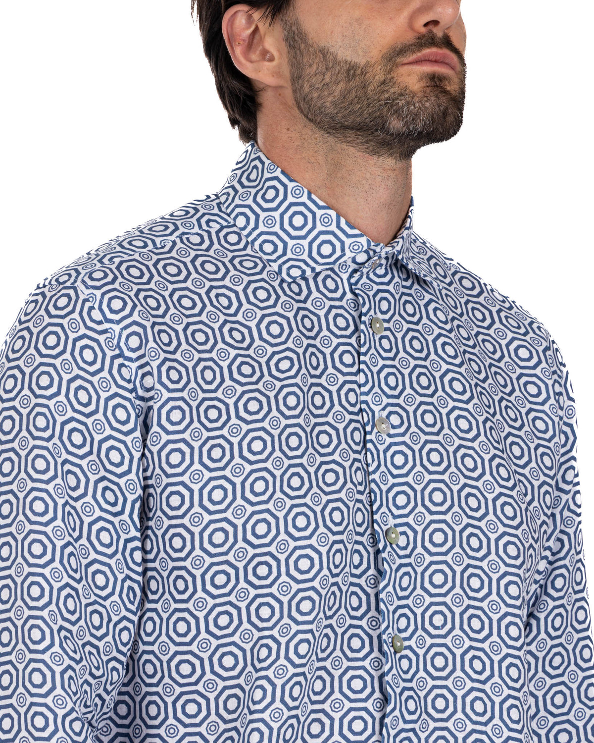 Men's blue and white geometric hexagon print cotton dress shirt with button-down collar and long sleeves
