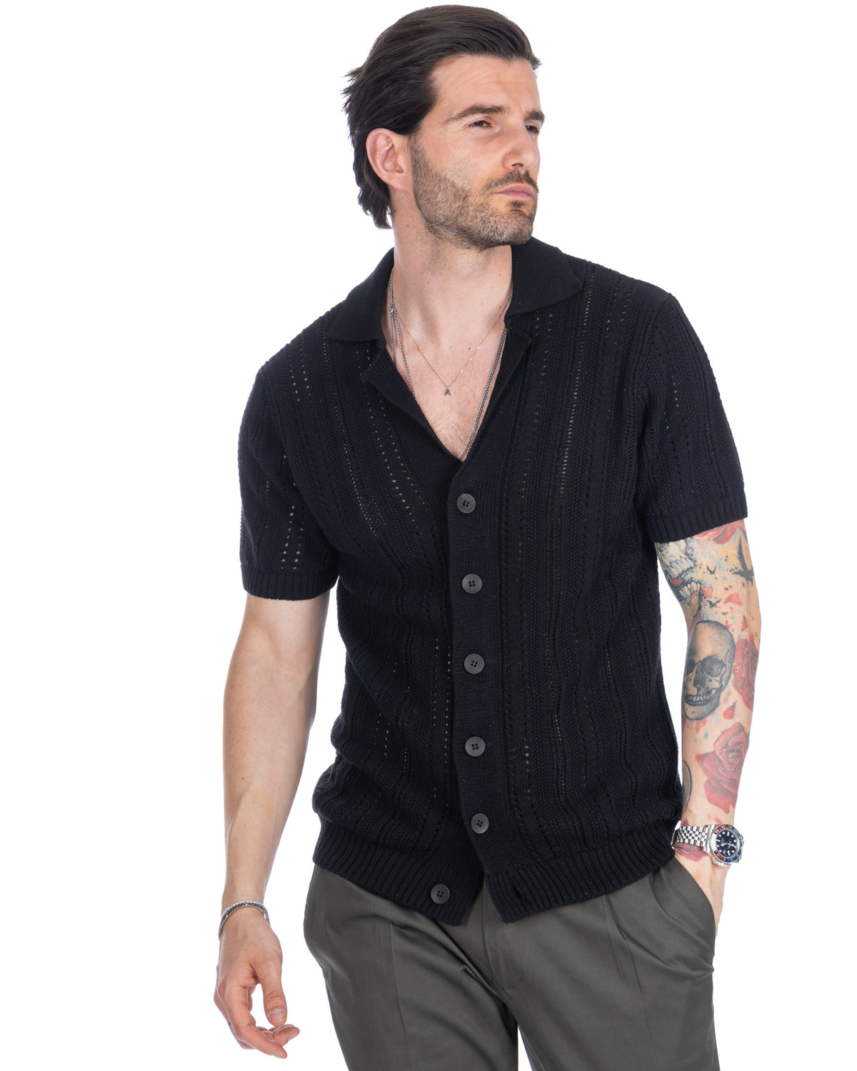 Black short sleeve knit cardigan shirt with button front, cable texture, and polo collar. Men's cotton blend top.