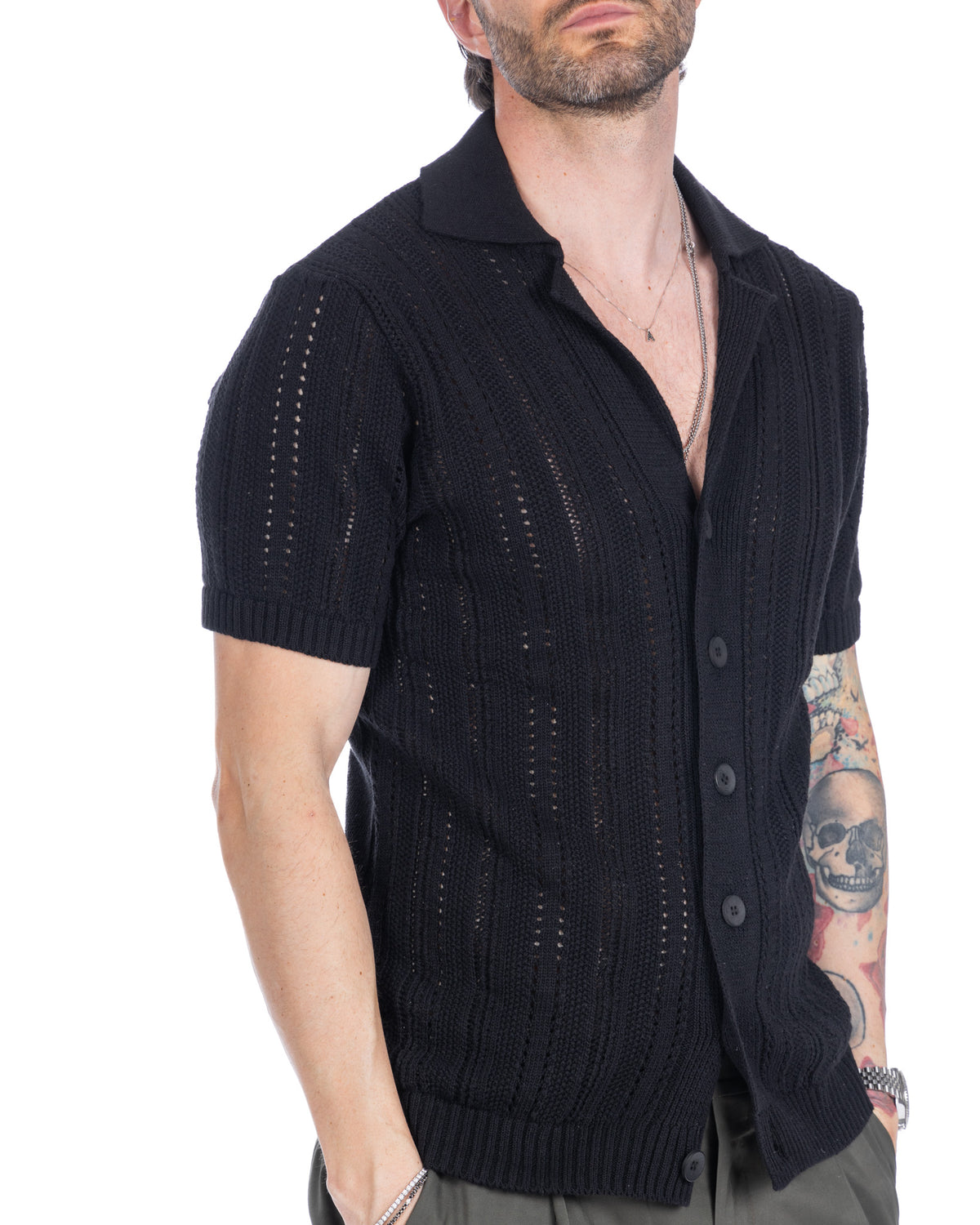 Black short sleeve cable knit cardigan for men, button-front polo collar sweater, breathable textured knitwear