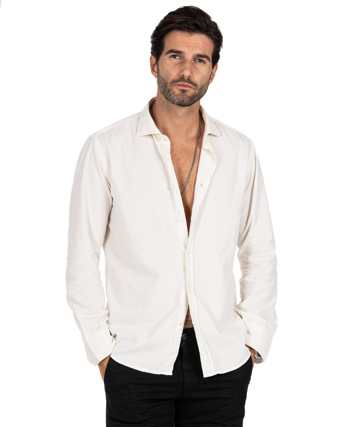 Men's white linen button-down shirt, long sleeve, relaxed fit, casual style.