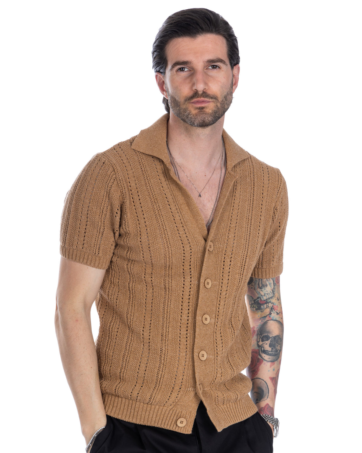 Men's tan short sleeve knit cardigan with cable pattern, button front, and polo collar. Lightweight cotton blend sweater.