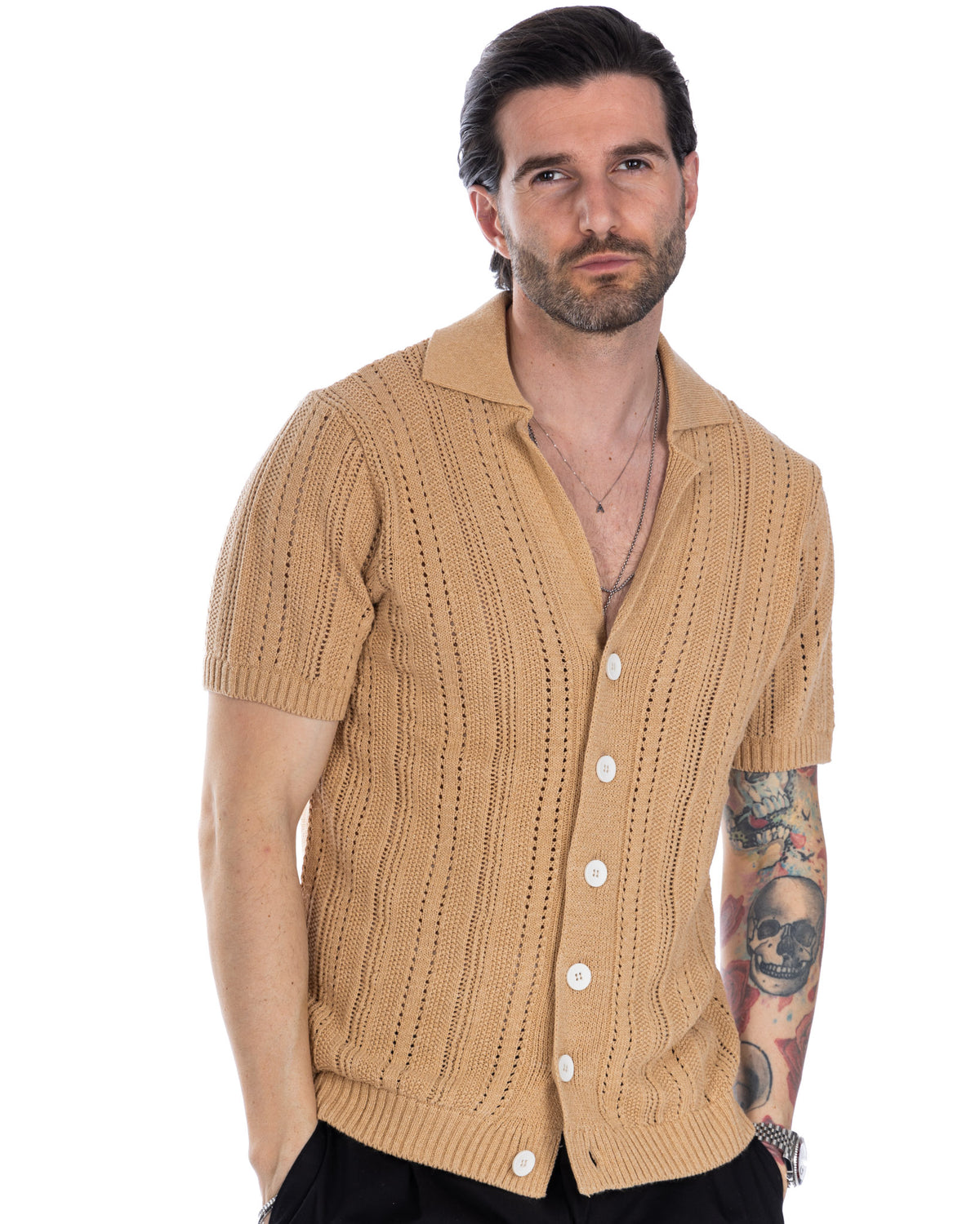 Men's tan short sleeve knit cardigan with cable pattern, white buttons, and polo collar. Lightweight cotton blend sweater.