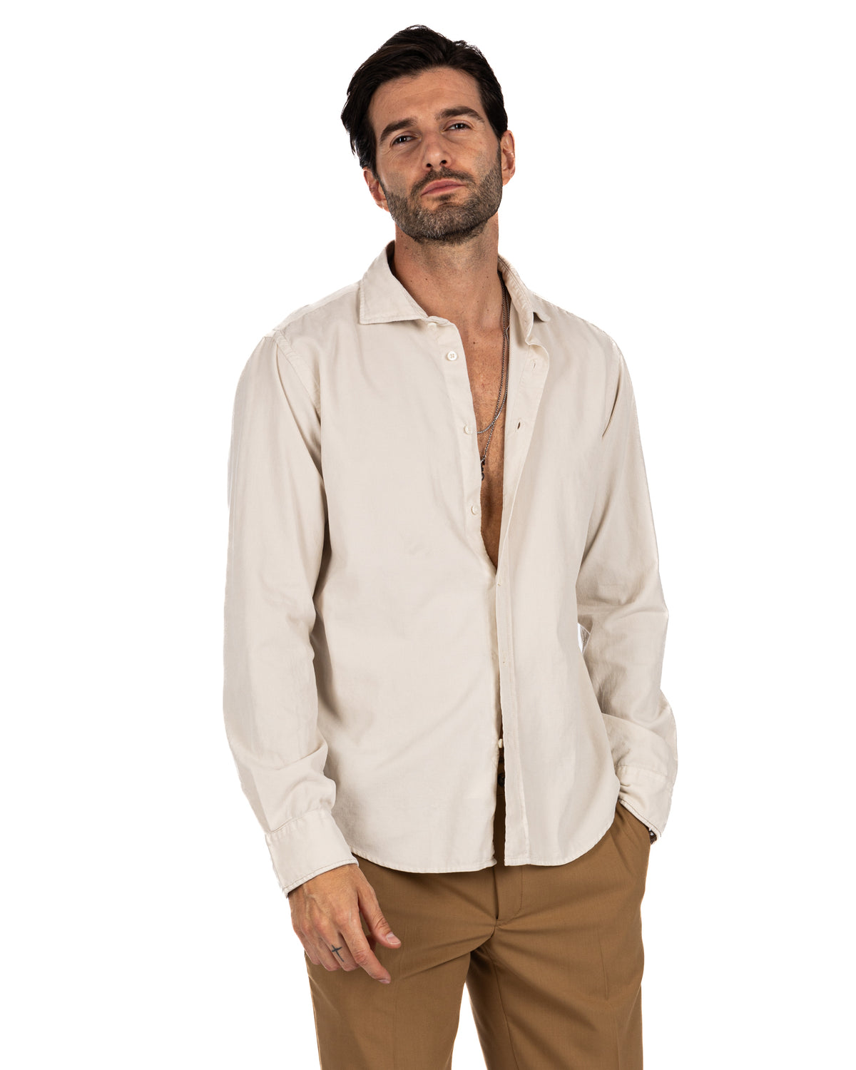 Men's cream corduroy button-down shirt with relaxed fit, long sleeves, and spread collar.