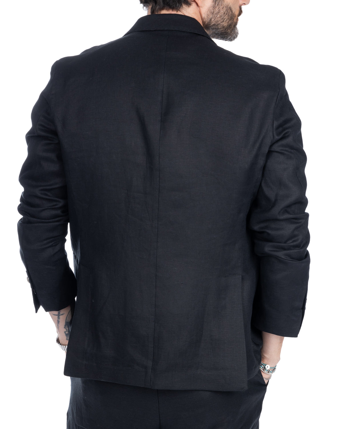 Black linen suit jacket for men, slim fit blazer, back view, formal business wear, lightweight fabric