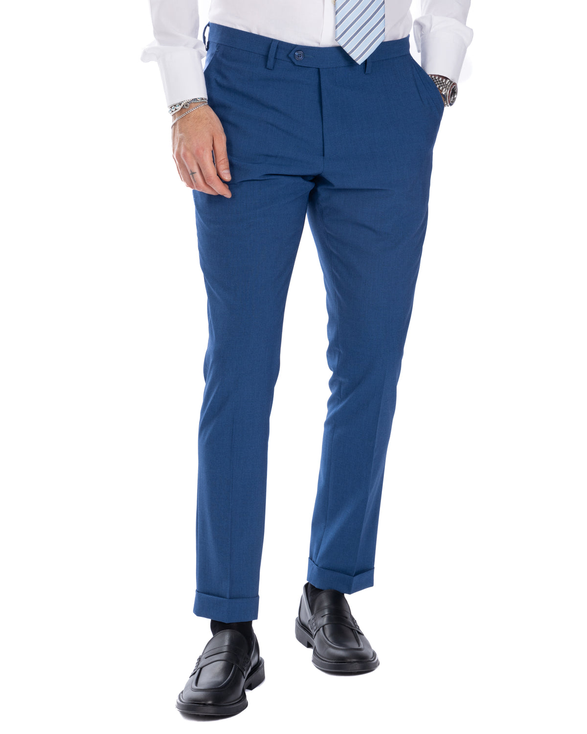 Men's slim fit blue dress pants with cuffed hem, tailored formal trousers in solid navy fabric