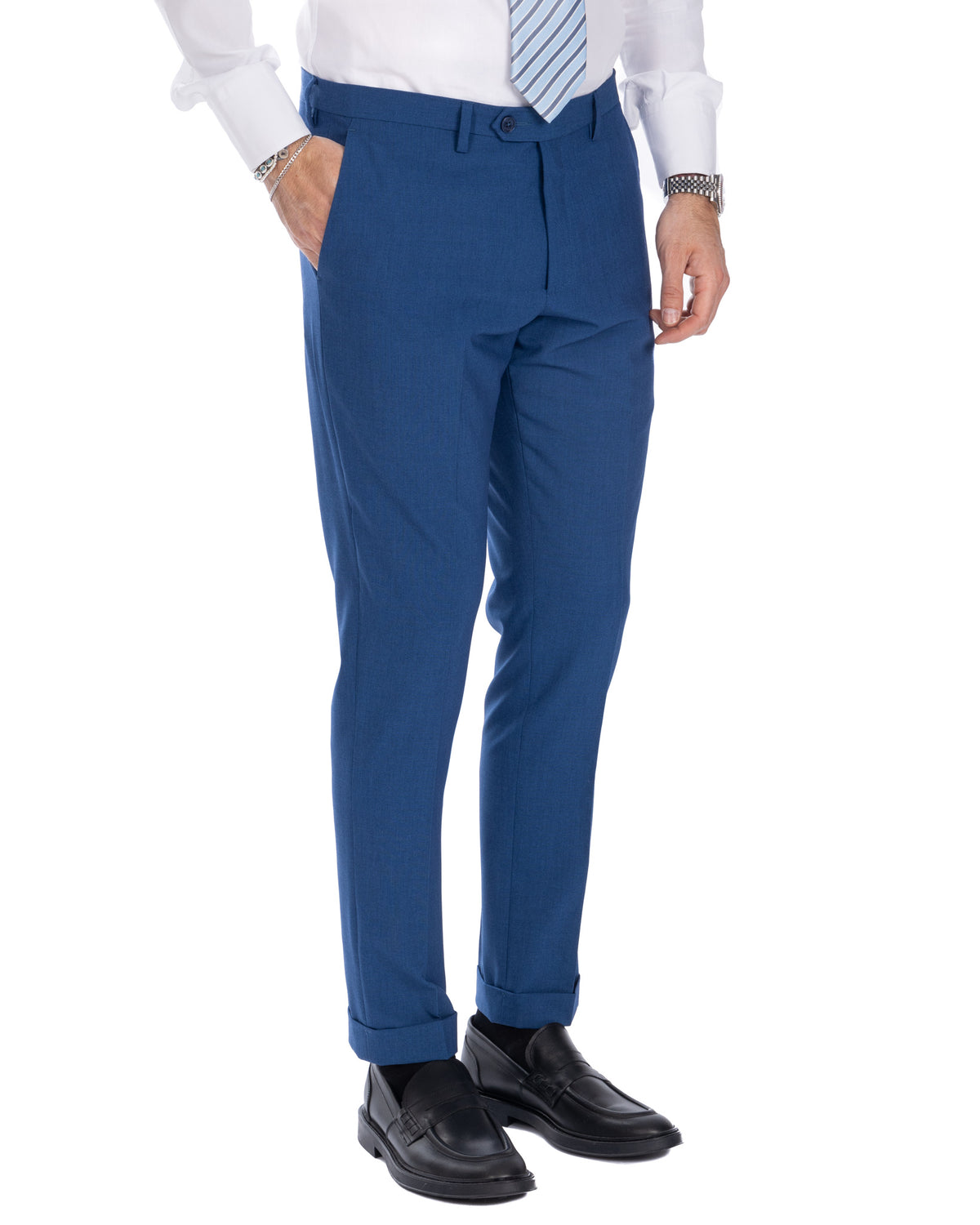 Men's slim fit blue dress pants with cuffed hems, tailored wool-blend fabric, formal business trousers