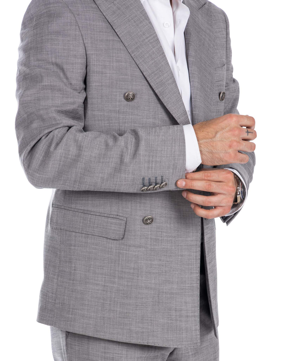 Light gray double-breasted suit jacket with metal buttons, white dress shirt, slim fit tailored blazer for men