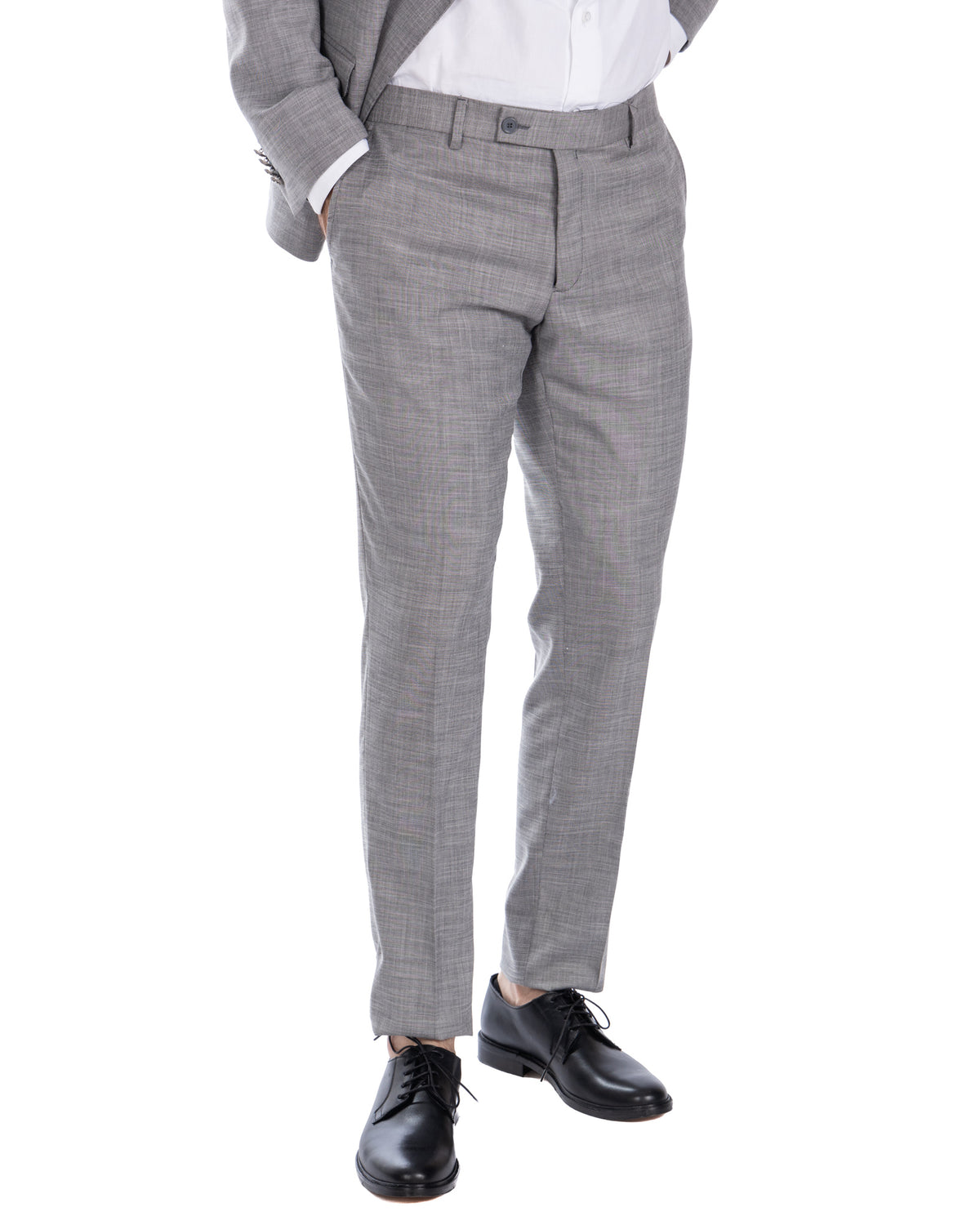 Men's light gray wool blend slim fit dress pants, flat front, tailored suit trousers with button closure