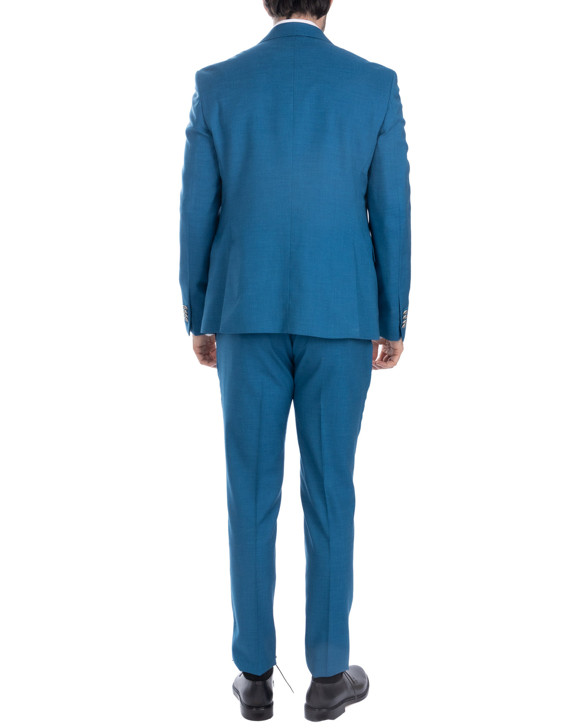 Teal blue slim fit men's suit, back view. Tailored blazer and trousers in solid color formal fabric.