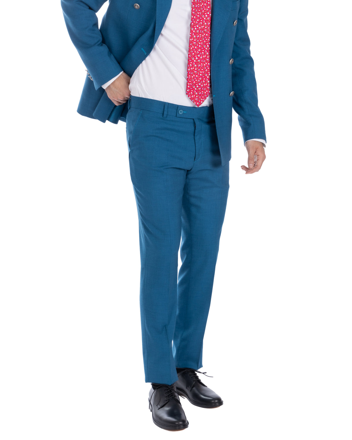 Teal blue slim fit wool suit with double-breasted blazer, white dress shirt, and red patterned tie for men