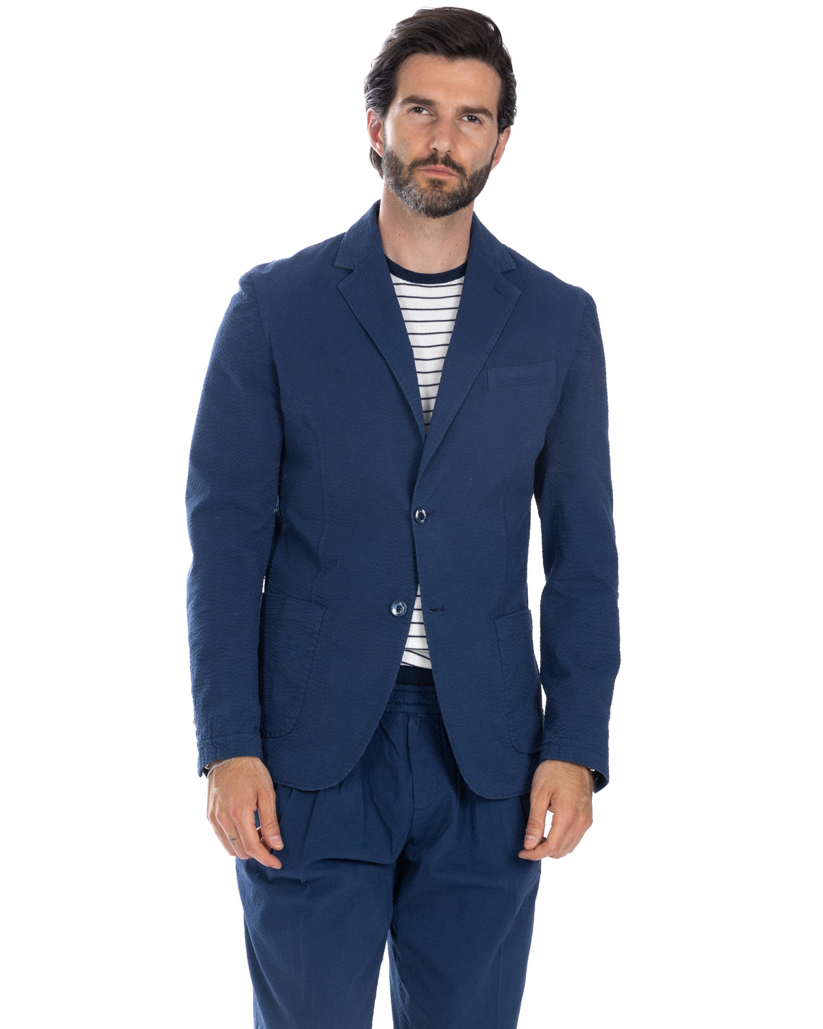 Navy blue textured seersucker suit jacket with notched lapels, two-button closure, and patch pockets.