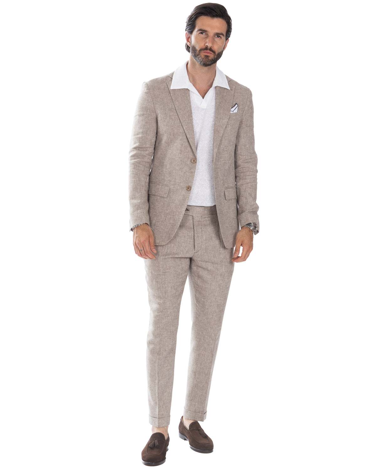 Beige linen suit with white polo shirt and brown suede loafers, men's summer formal wear.