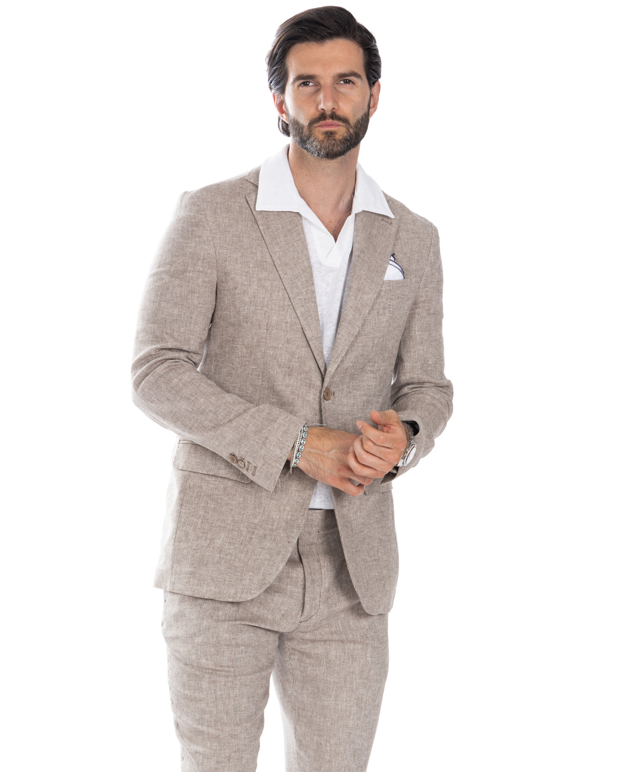 Beige herringbone wool suit with white polo shirt, slim fit two-button blazer and matching trousers for men