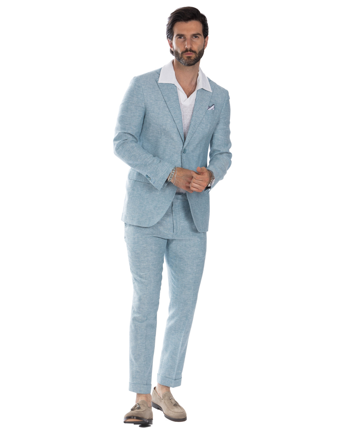 Light blue linen suit for men, slim fit two-piece with white shirt and beige loafers. Summer wedding or formal wear.
