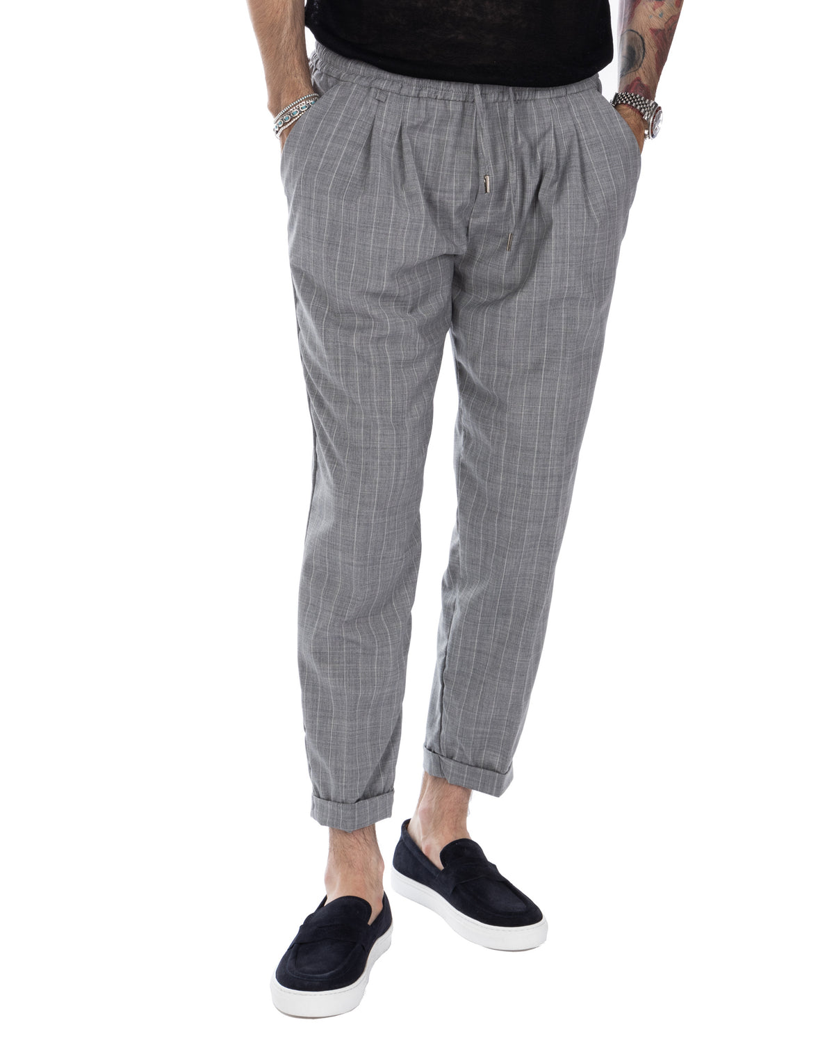 Men's gray pinstripe linen blend joggers with elastic waist, drawstring, and cuffed ankles. Casual tailored fit trousers.