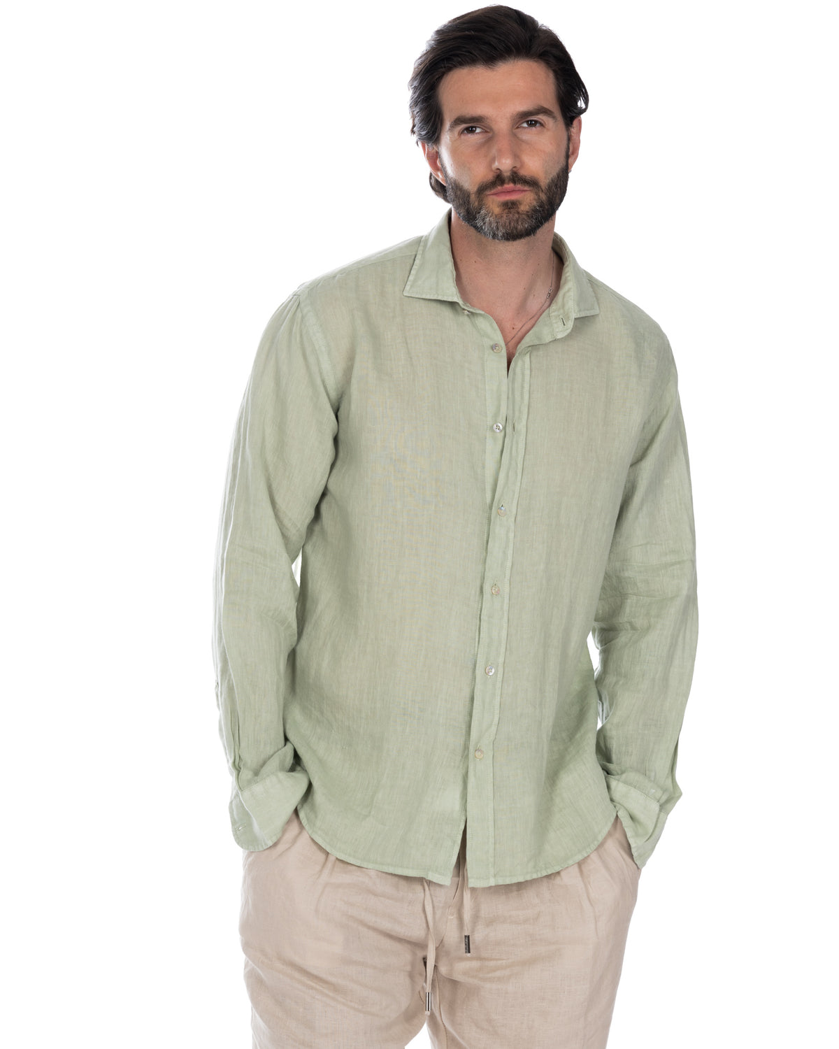 Men's light green linen button-down shirt with long sleeves, relaxed fit, and classic collar.