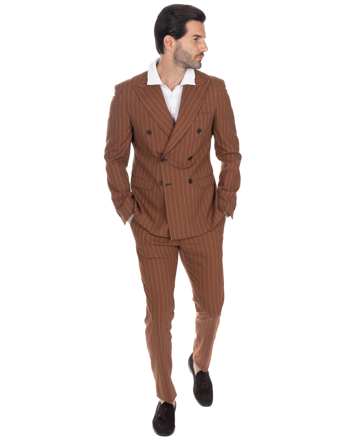 Men's brown pinstripe double-breasted suit with white dress shirt and black suede loafers, slim fit formal wear