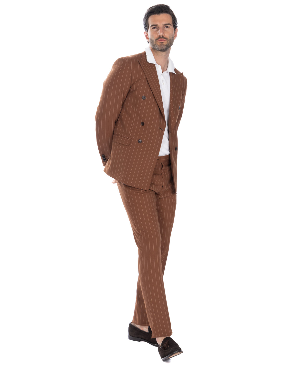 Men's brown pinstripe double-breasted suit with white polo shirt and black suede loafers, tailored slim fit formal wear