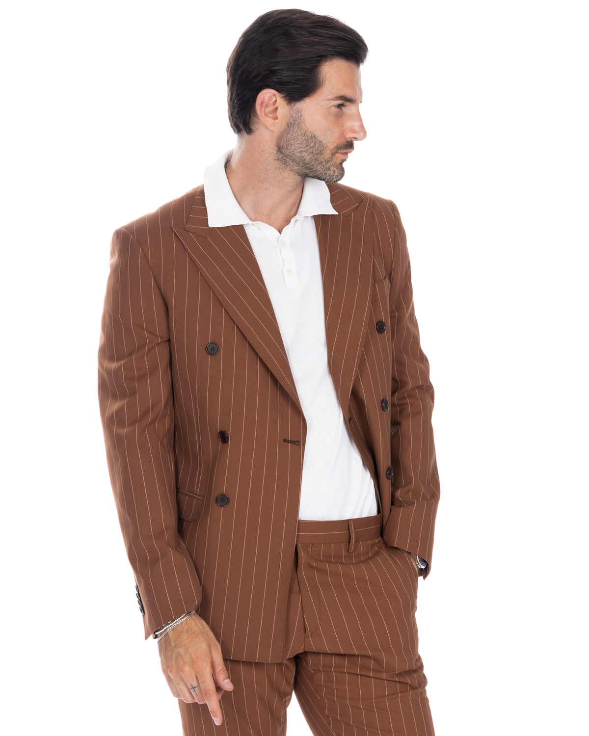 Men's brown pinstripe double-breasted suit with white polo shirt, tailored fit, formal business attire