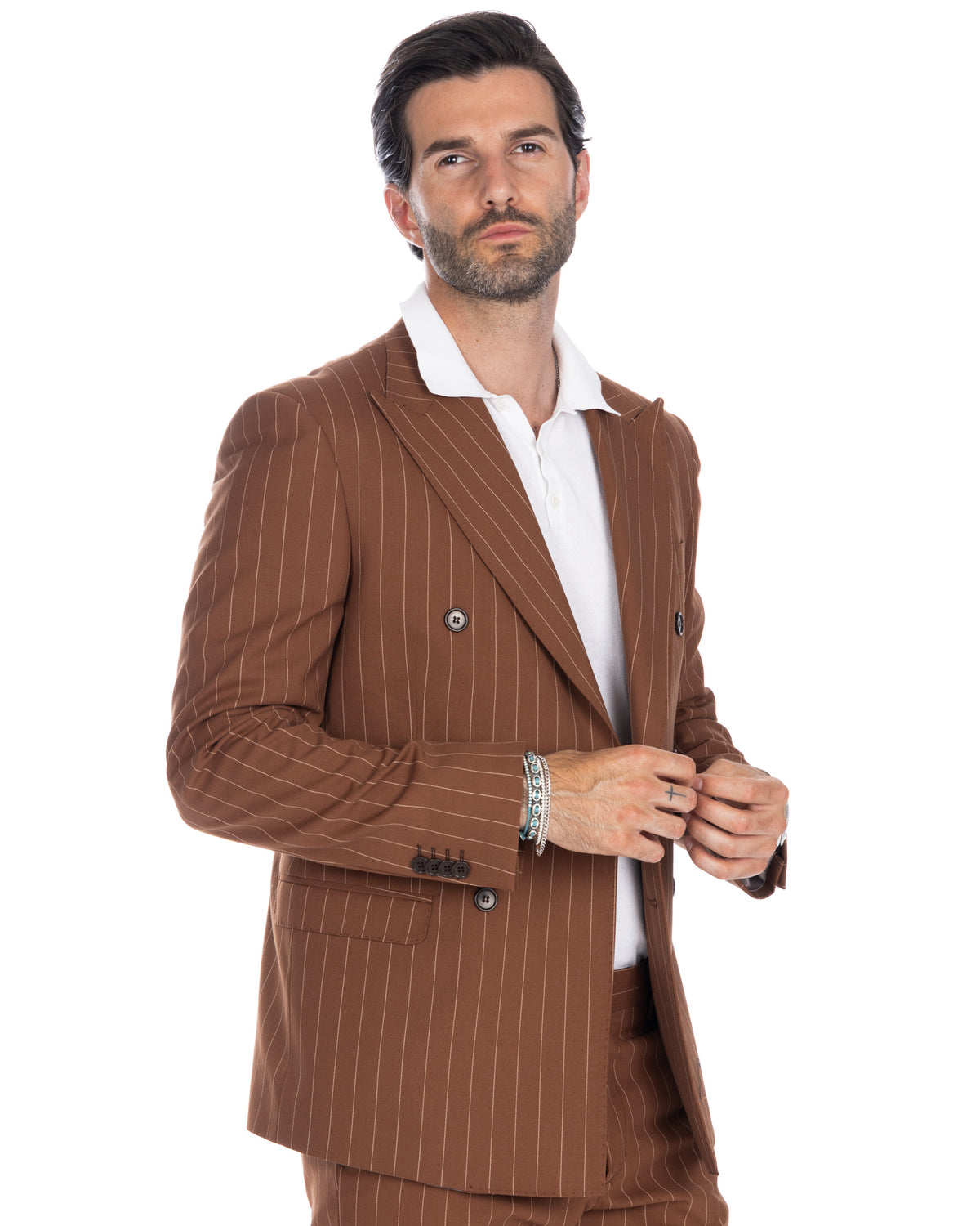 Men's brown pinstripe double-breasted suit jacket with white polo, tailored fit formal wear