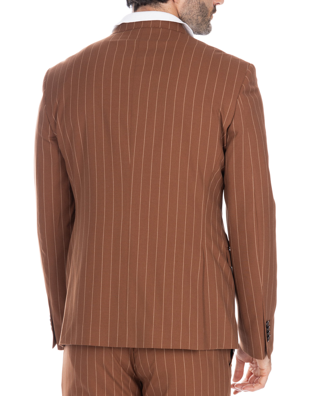Brown pinstripe suit jacket, slim fit, vertical white stripes on tan fabric, back view with buttoned cuffs.